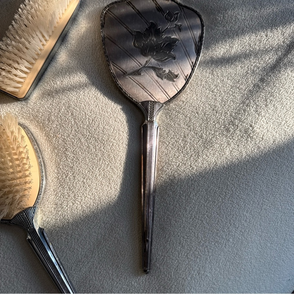 Vintage Silver-Tone Floral Hand Mirror & Brush Set - Picture 6 of 12